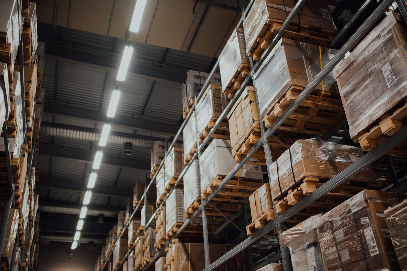 Boxed goods on warehouse racks